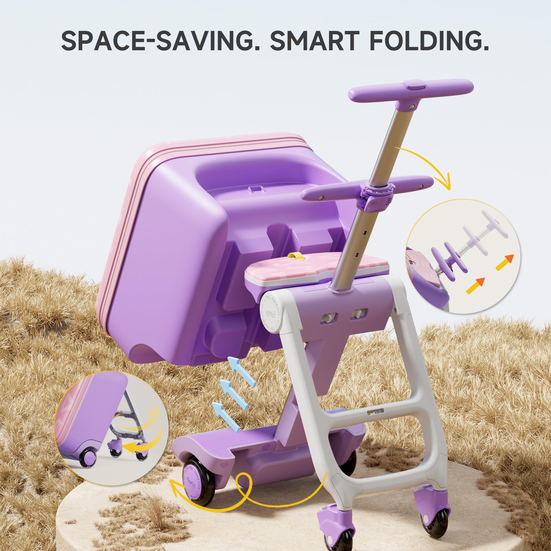 Jovikids Kinderkoffer zum Draufsitzen, 3 in 1 32L Trolley Kinder mit Teleskopstange und 4 Rollen, Reisekoffer Kinder, Faltbar und abnehmbar, mehrere Fächer (Rosa)
