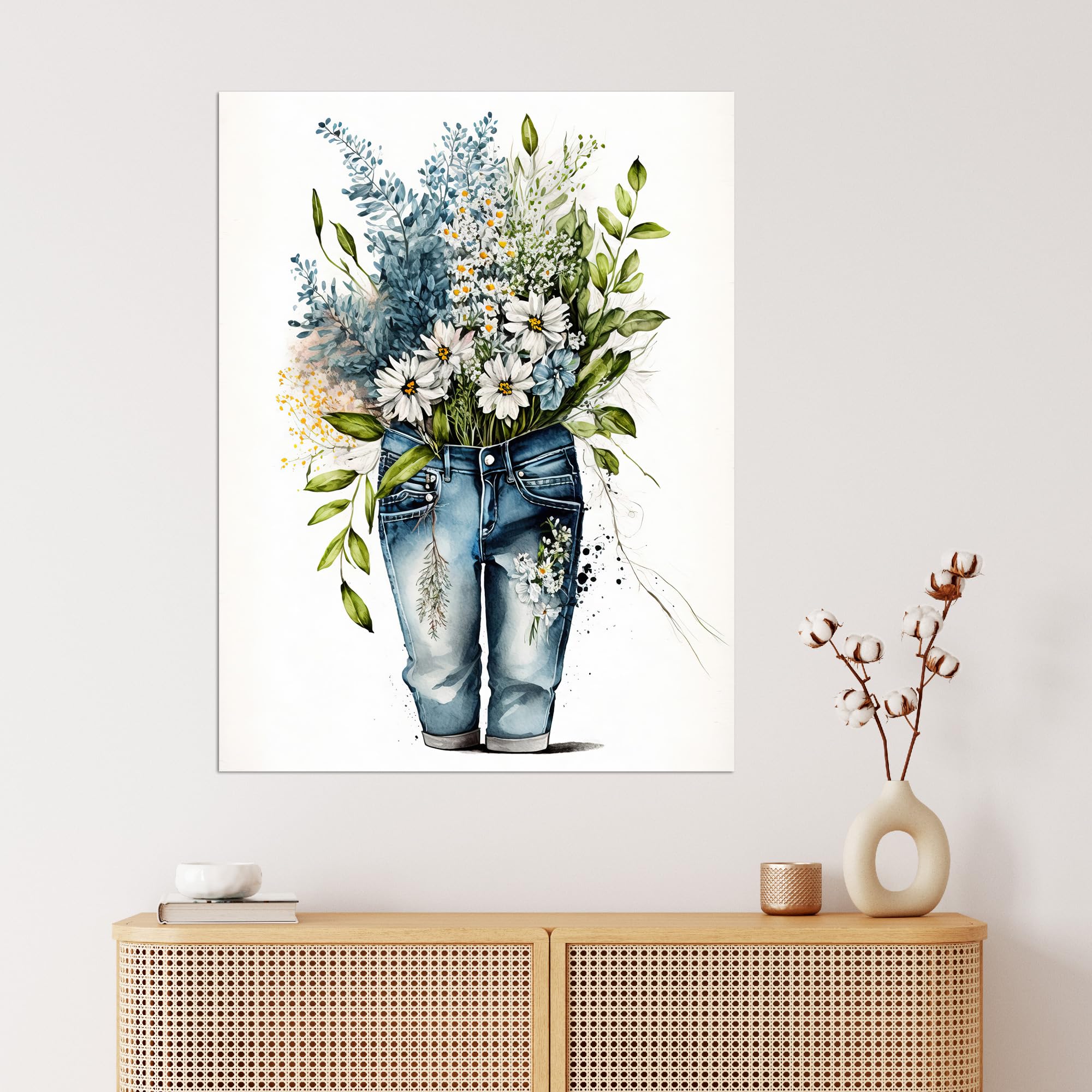 Wee Blue Coo Wildflower Bouquet in a Pair of Blue Jeans Watercolour Painting Spring Flowers Bursting out of Trousers Extra Large XL Wall Art Poster Print - Image 4