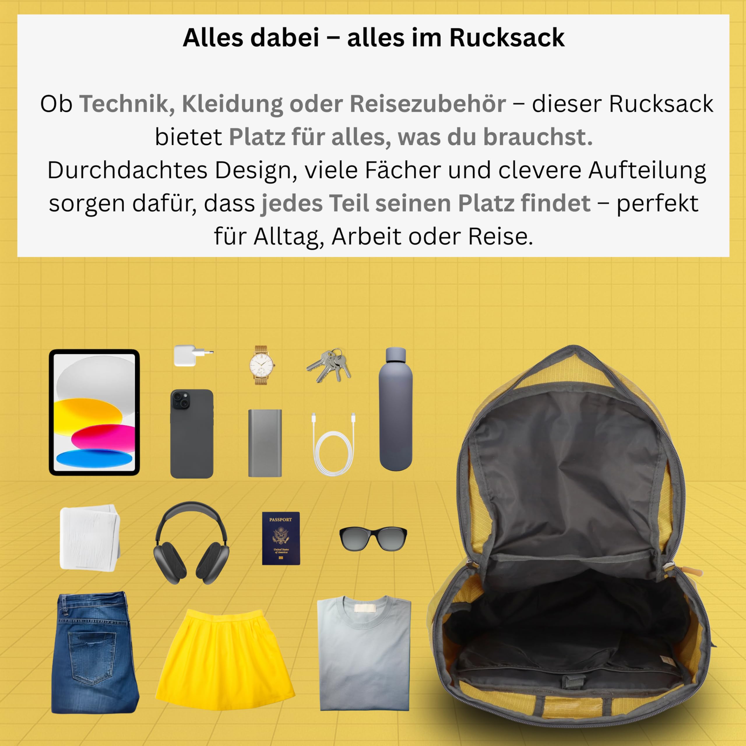 NOWI cocoono Zaino Giallo Scuola Lavoro Portatile Scomparto Impermeabile Dispositivo per Sistema di Idratazione Cinghia Petto Bagaglio A Mano Nero 51 cm 21 L, giallo.