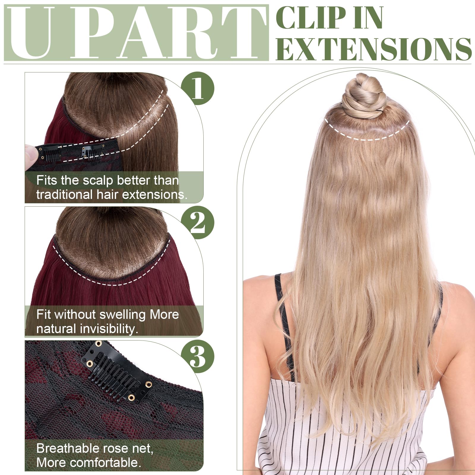 SEGO 18 Inch One Piece Clip in Hair Extensions U-Shaped Long Wavy Synthetic Curly One Piece Hairpieces With 5 Secure Clips, Wine Red - Image 3