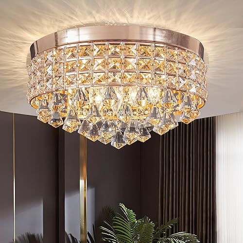 Candelabros de cristal, 4 luces, lámpara de techo dorada francesa con pantalla redonda de metal y colgante de cristal de diamante para comedor, sala