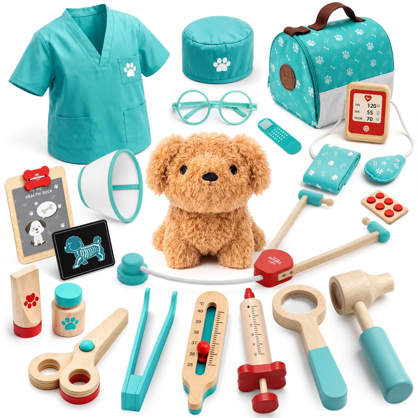 Lehoo Castle Wooden Doctor Kit for Toddlers 3-5, Vet Toys for Kids(Green)