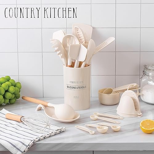 Miniatura 5 de Country Kitchen Juego de utensilios de cocina  Juego de 40 espátulas de silicona antiadherentes con soporte, asas de madera y utensilios resistentes