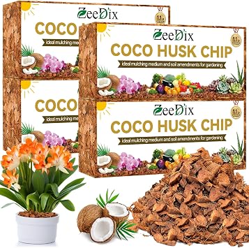 Zeedix 4 Pack Coco Husk Chips for Plants, 100% Organic Coconut Chips Mulch with Low EC & PH Balance, All Purpose for Indoor Plant Flowers Herbs Vegetables, Reptiles Terrarium Tanks Substrate4.4LB