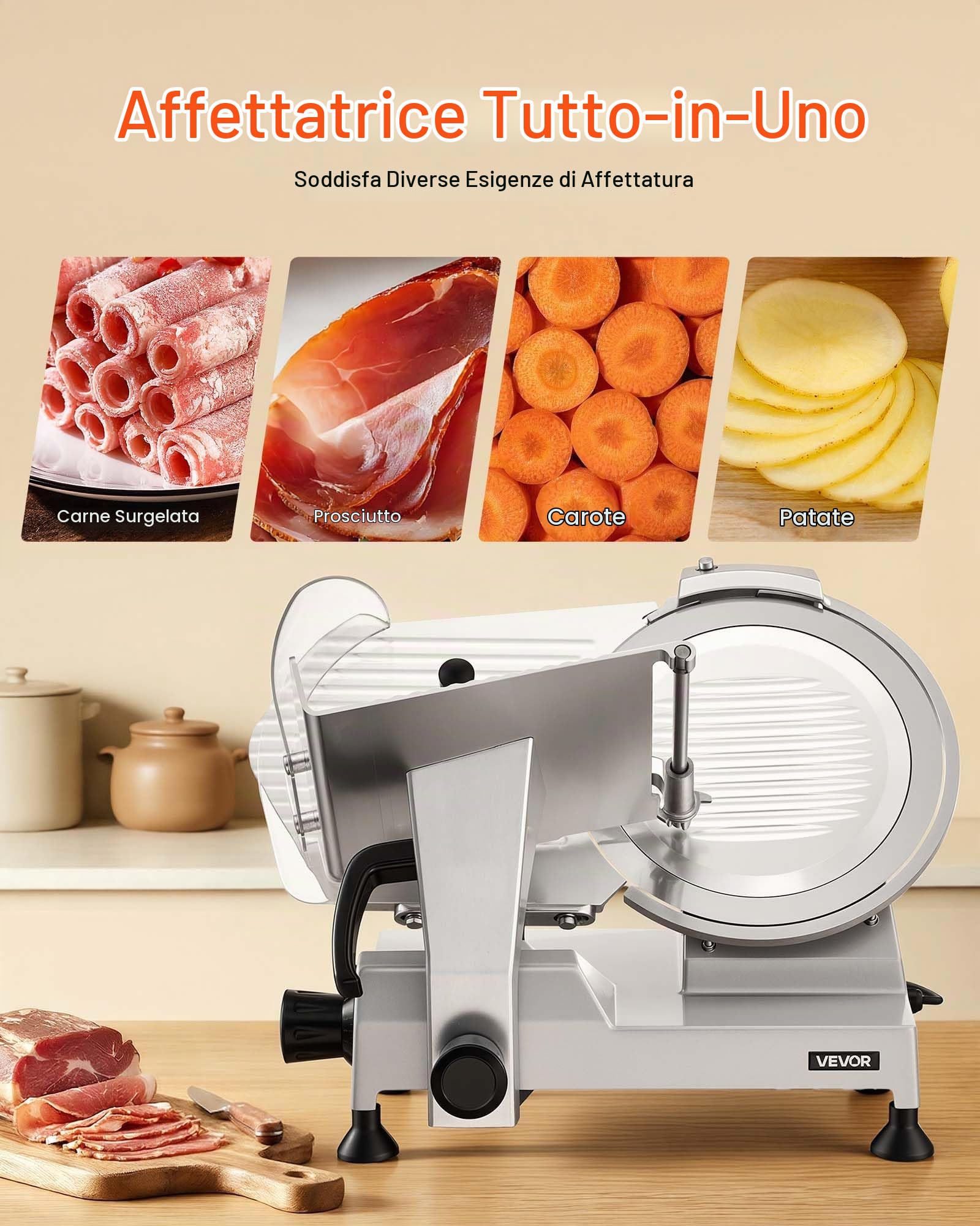 VEVOR Affettatrice Elettrica Multiuso, Macchina Affettatrice per Carne Congelata 400W Lame in Acciaio al Carbonio Rimovibile da 30 cm con Vassoio di Raccolta, Spessore di Taglio Regolabile da 0-15 mm