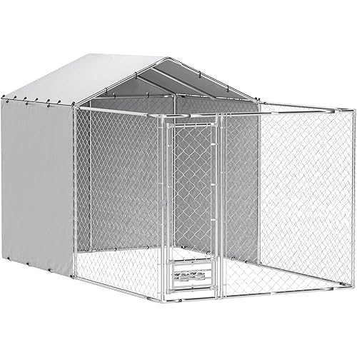 PawHut Large Outdoor Dog Kennel, Heavy Duty Galvanized Chain Link Dog Kennel Outside with Waterproof & UV-Resistant Cover, Rotating Bowls Door, for M&L Breeds, Chickens, Ducks, 13' x 7.5' x 7.5'