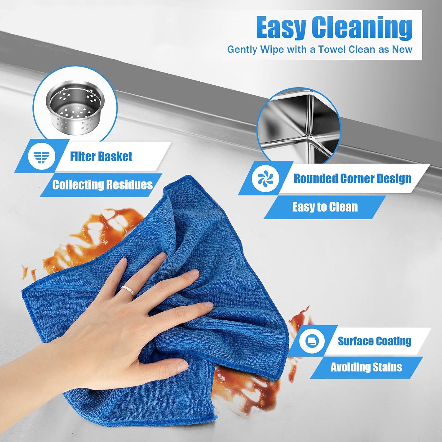 Stainless Steel Utility Sink, Commercial Kitchen Prep Utility Sink with Drainboard & Faucet, Free Standing Sink Stainless Steel Sink with Prep Table Large Single Bowl