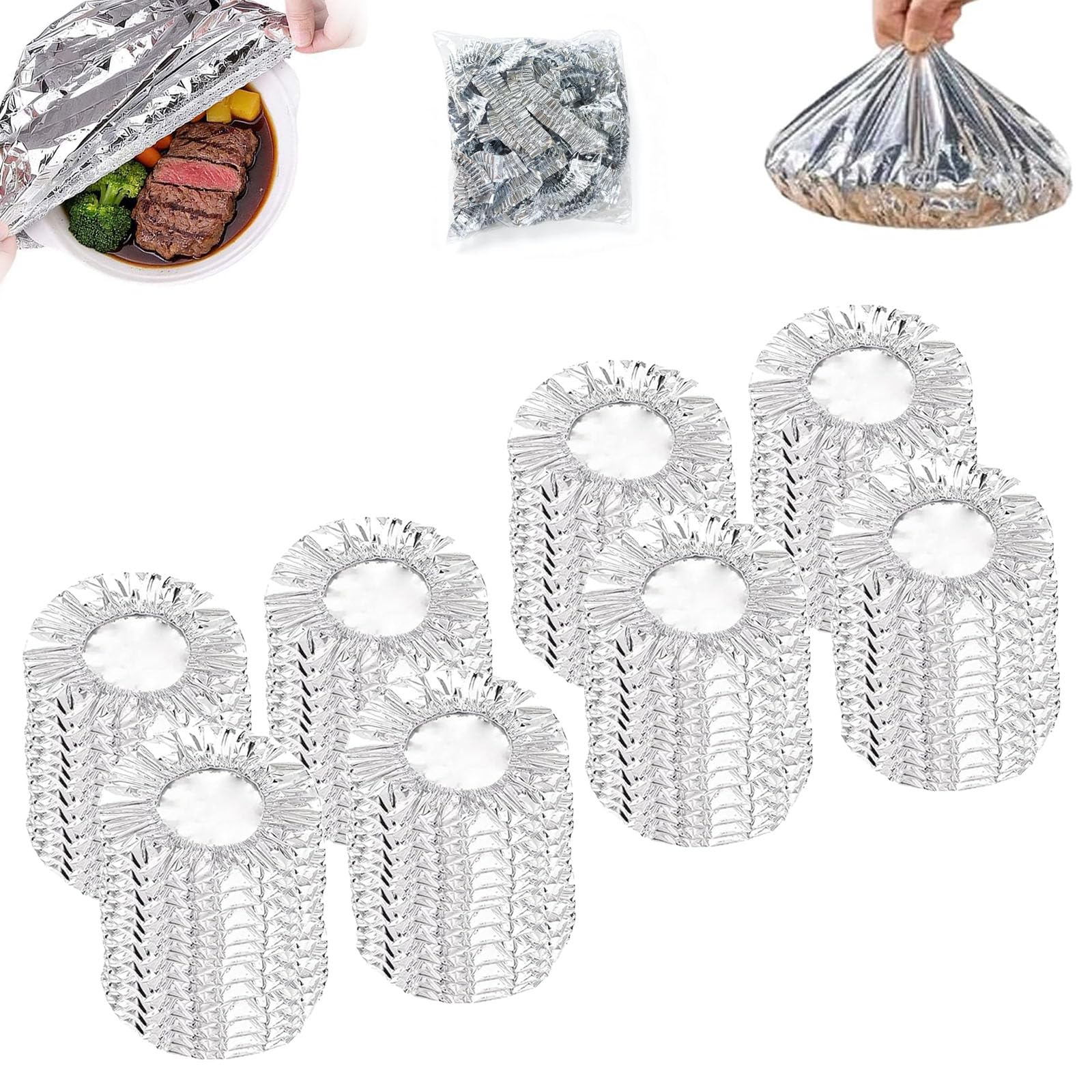 Cobertores De Aluminio Para Comida, Reusable Aluminum Foil Food Covers, Insulated Food Cover with Aluminum Lining, Aluminium Foil Elastic 𝐅ood Bowl Storage Cover for Meals Vegetables Fruits (200PCS)