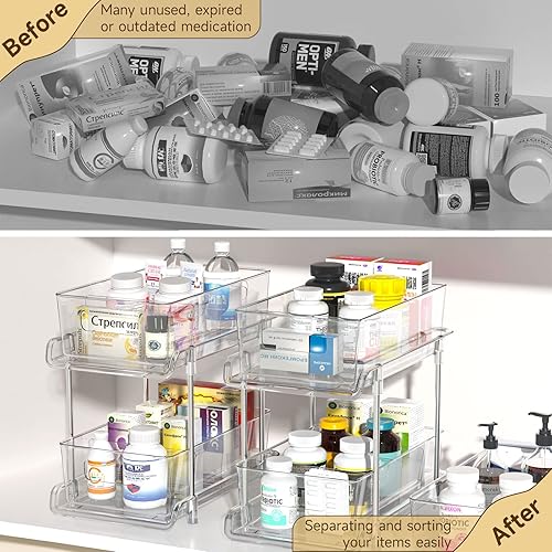 Miniatura 4 de HIHEGD Organizador de Almacenamiento de Baño de 2 Niveles con Separadores, Transparente, Extraíble Debajo del Fregadero para Cocina, Despensa,