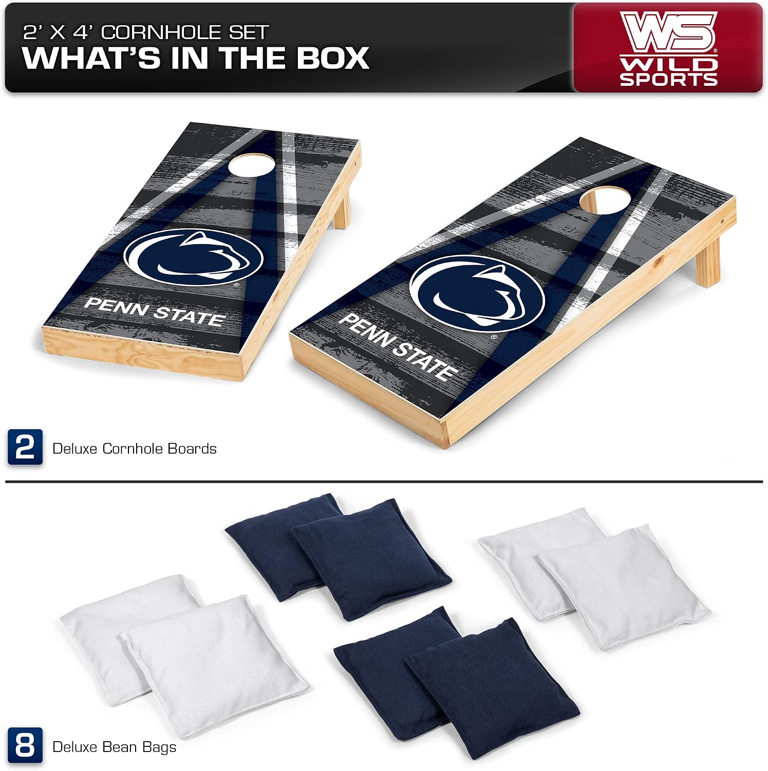 NCAA College 2' x 4' Wood Direct Print Tournament Cornhole Set by Wild Sports, 8 Bean Bags, Vintage Triange Design - Tailgate, Outdoor, Backyard