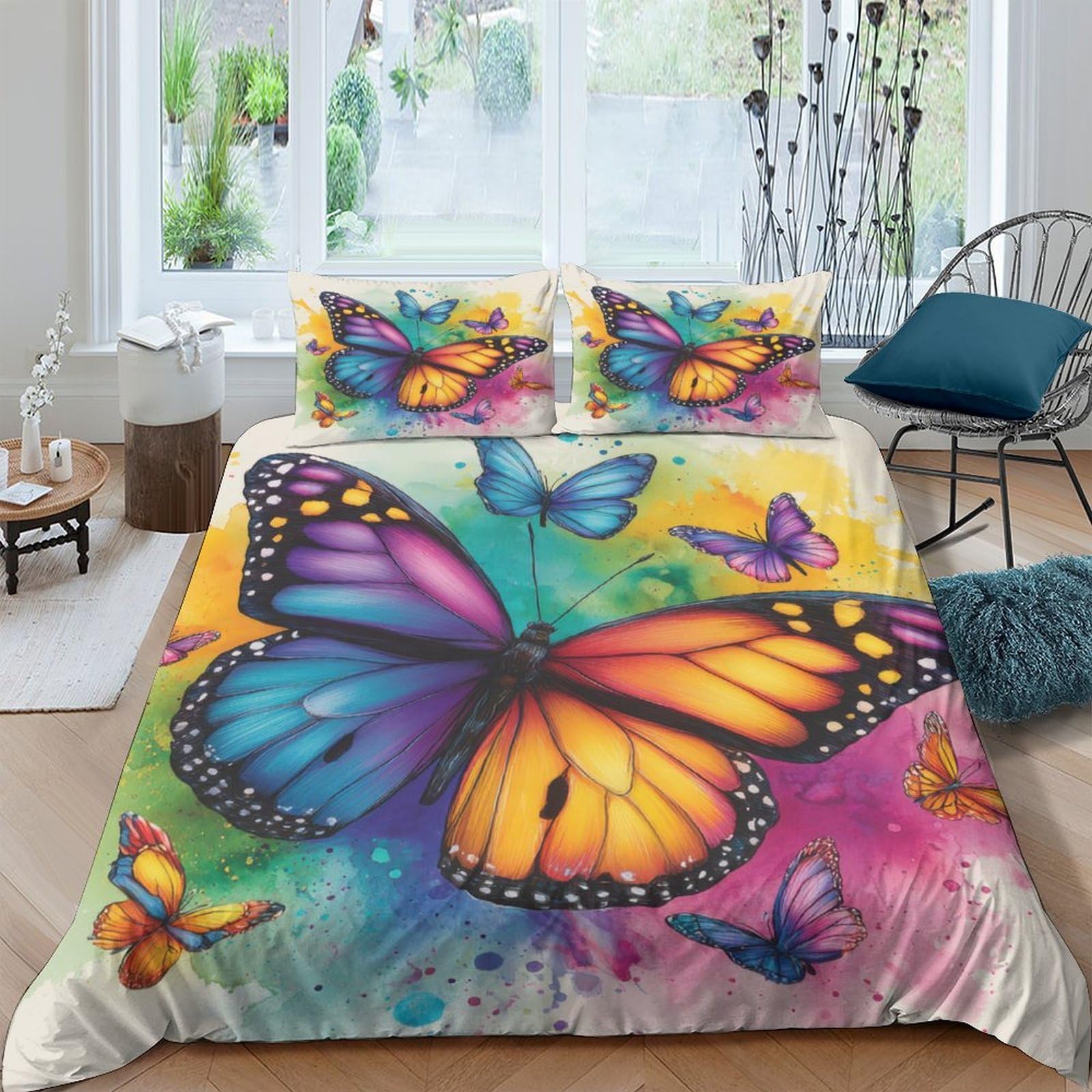 GPLZQXKJNH 3D Printed Colourful Butterfly Duvet Cover Microfiber Soft Breathable Rainbow Bedding Set with 2 Pillowcases for Bedroom Decor Single（135x200cm）