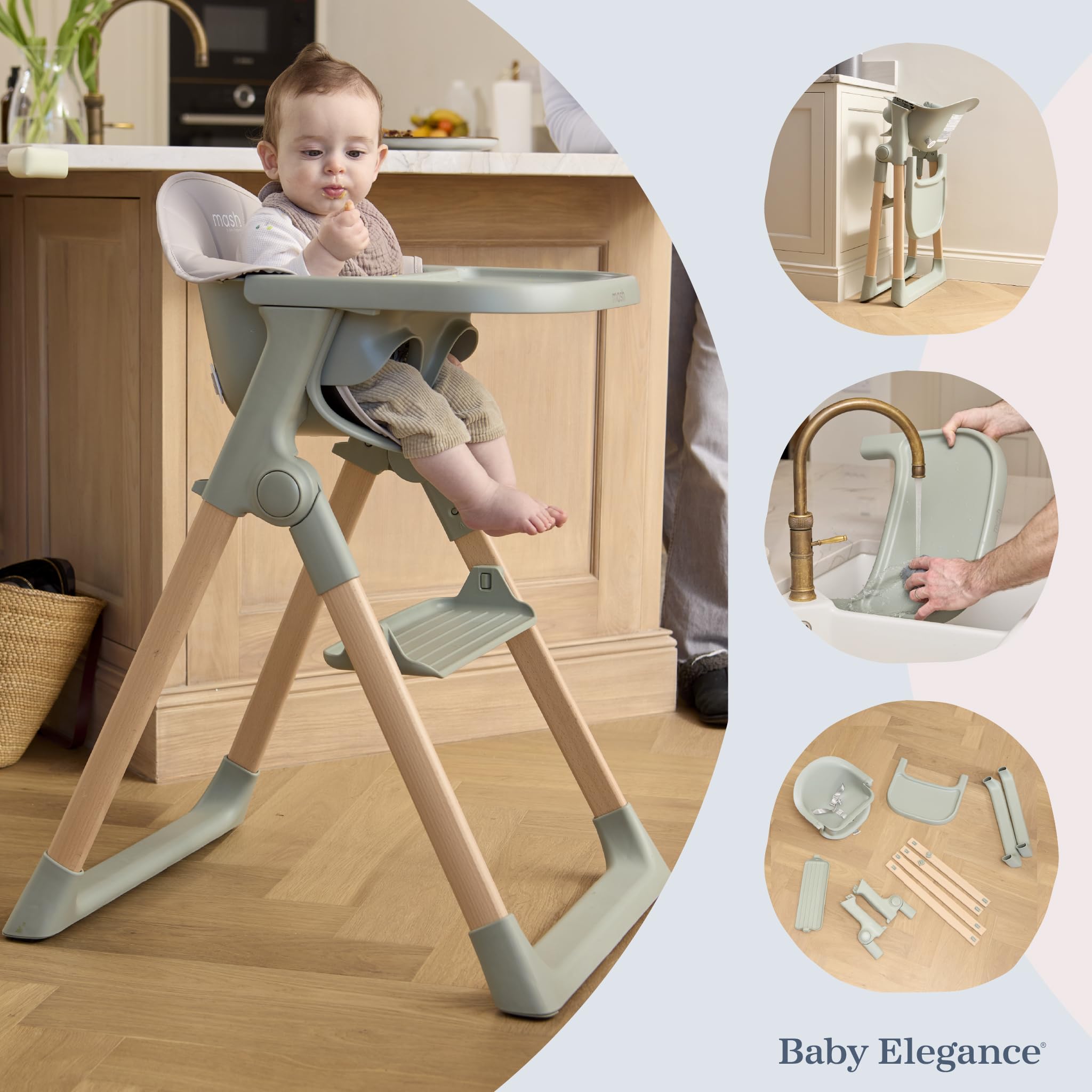 Mash - Trona de Baby Elegance | Trona salvia para bebés y niños pequeños con reposapiés ajustable, bandeja extraíble y almohadilla de asiento | Plegable y portátil
