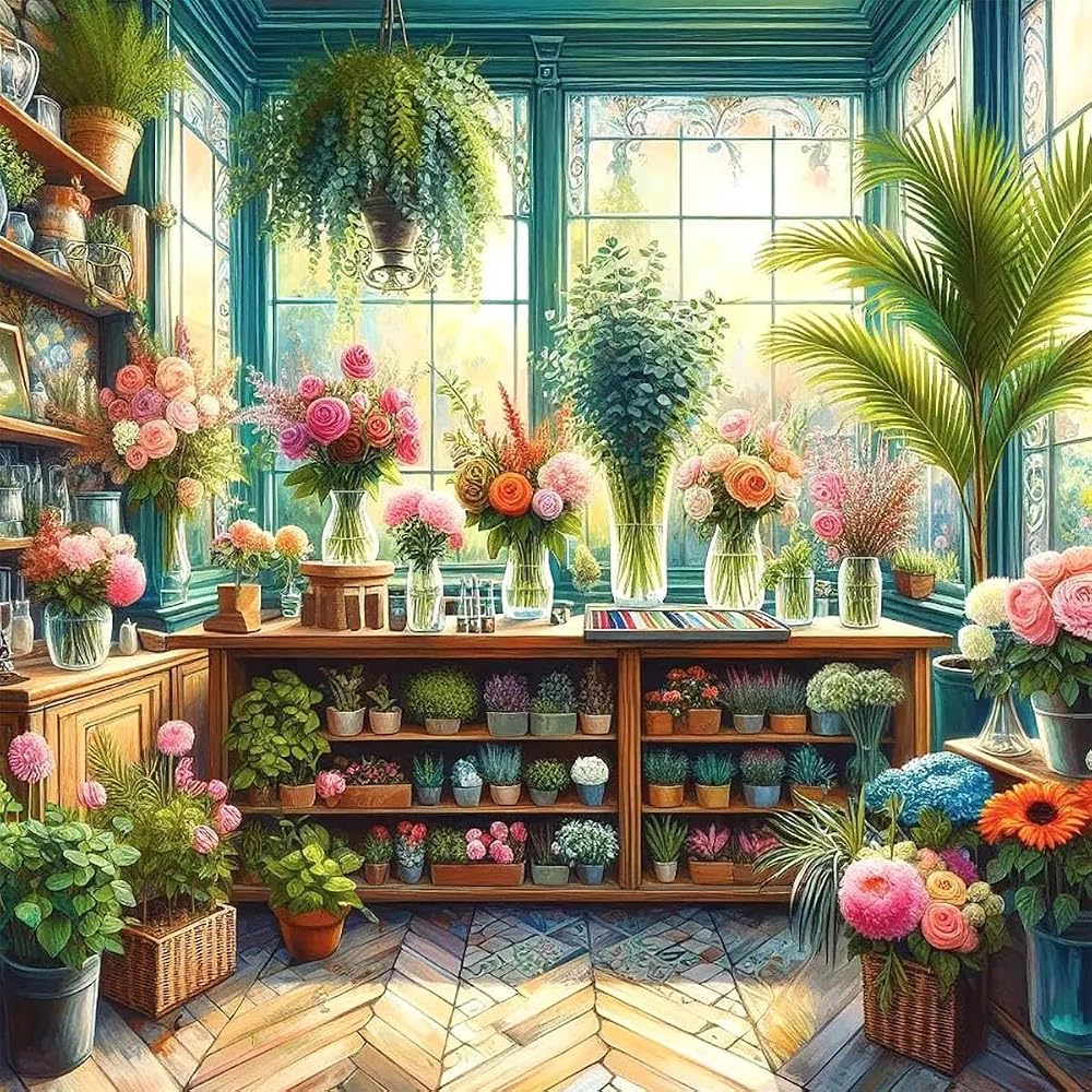 Accompany Wind 성인용 녹색 식물과 꽃 다이아몬드 아트 키트, 초보자를 위한 5D 꽃 다이아몬드 페인팅 키트, DIY 라운드 풀 드릴 다이아몬드 보석 아트 공예 홈 벽 장식 선물 35.6 x 35.6cm(14 x 14인치) — 사진 1