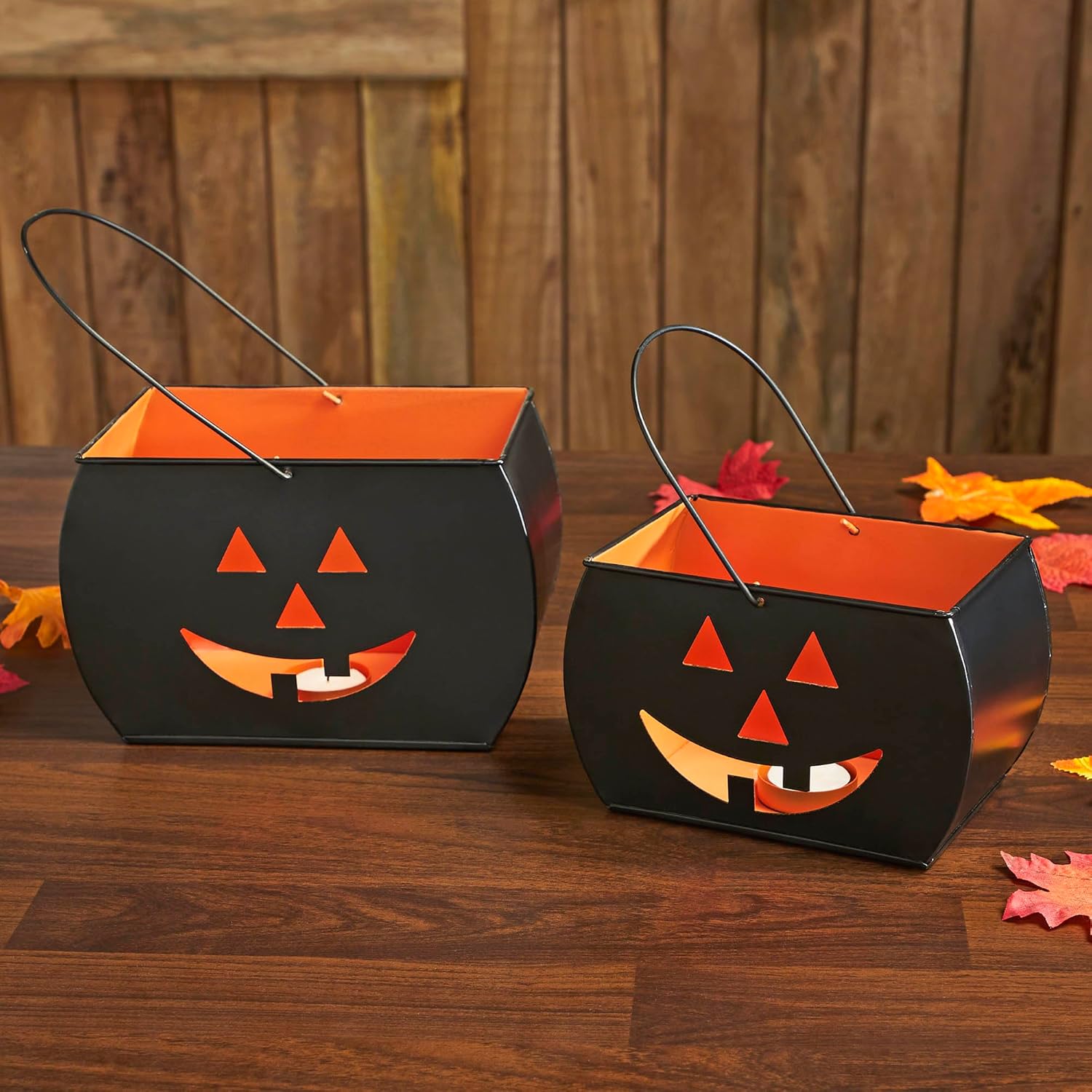 VHC Brands Metal Tealight Holders Trick Or Treat Black Set of 2, Kitchen Dining Table Candle Holder, Pumpkin Decor for Fall and Halloween