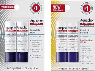Aquaphor Lip Balm Set with Jojoba Oil and Shea Butter, Lip Repair Stick (2 x 0.17 Oz) + Repair Stick with Sunscreen SPF 30 (2 x 0.17 Oz), Fragrance Free, Paraben Free, Immediately Relieves Dryness