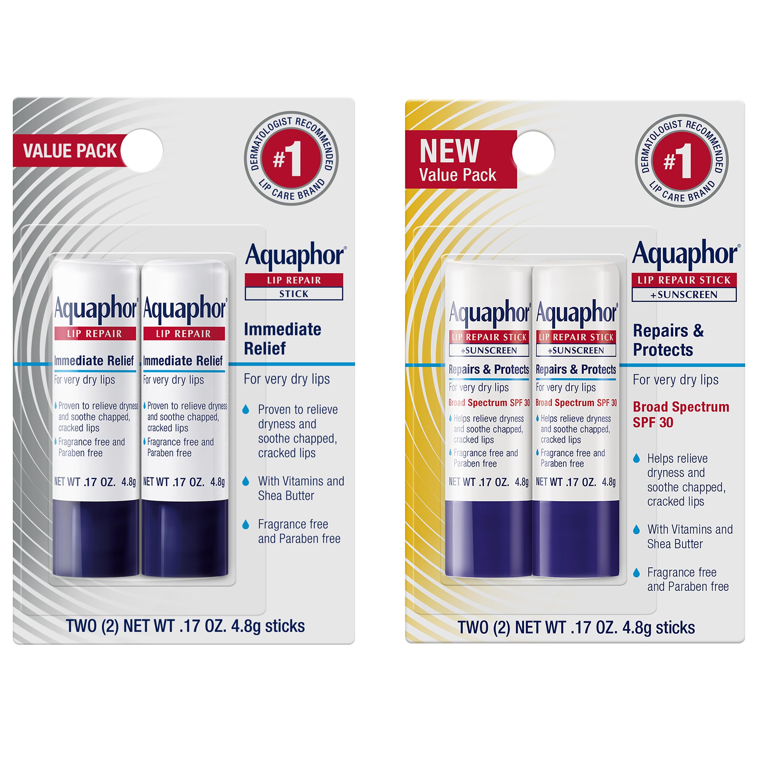 AquaphorLip Balm Set with Jojoba Oil and Shea Butter, Lip Repair Stick (2 x 0.17 Oz) + Repair Stick with Sunscreen SPF 30 (2 x 0.17 Oz), Fragrance Free, Paraben Free, Immediately Relieves Dryness