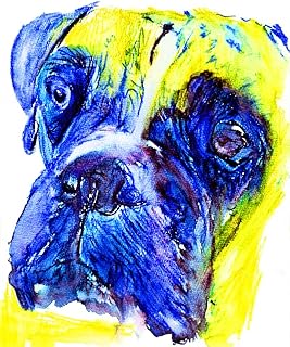Modern Boxer Dog Art Print, Boxer Gift idea, Boxer Mom Art, Blue and Yellow Dog Wall Art Decor, Boxer Dog Wall Art Print Hand signed by Oscar Jetson