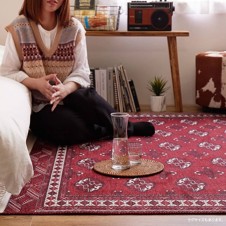 トルクメン風 230x230cm 赤 カーペット トルクメンじゅうたん風プリントラグ『サマーン レッド』 - ラグ