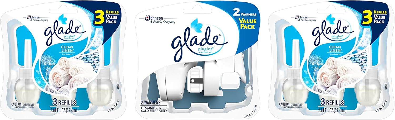 Glade PlugIns Refills Air Freshener Starter Kit, Scented and Essential Oils for Home and Bathroom, Clean Linen, 4.02 Fl Oz, 2 Warmers + 6 Refills