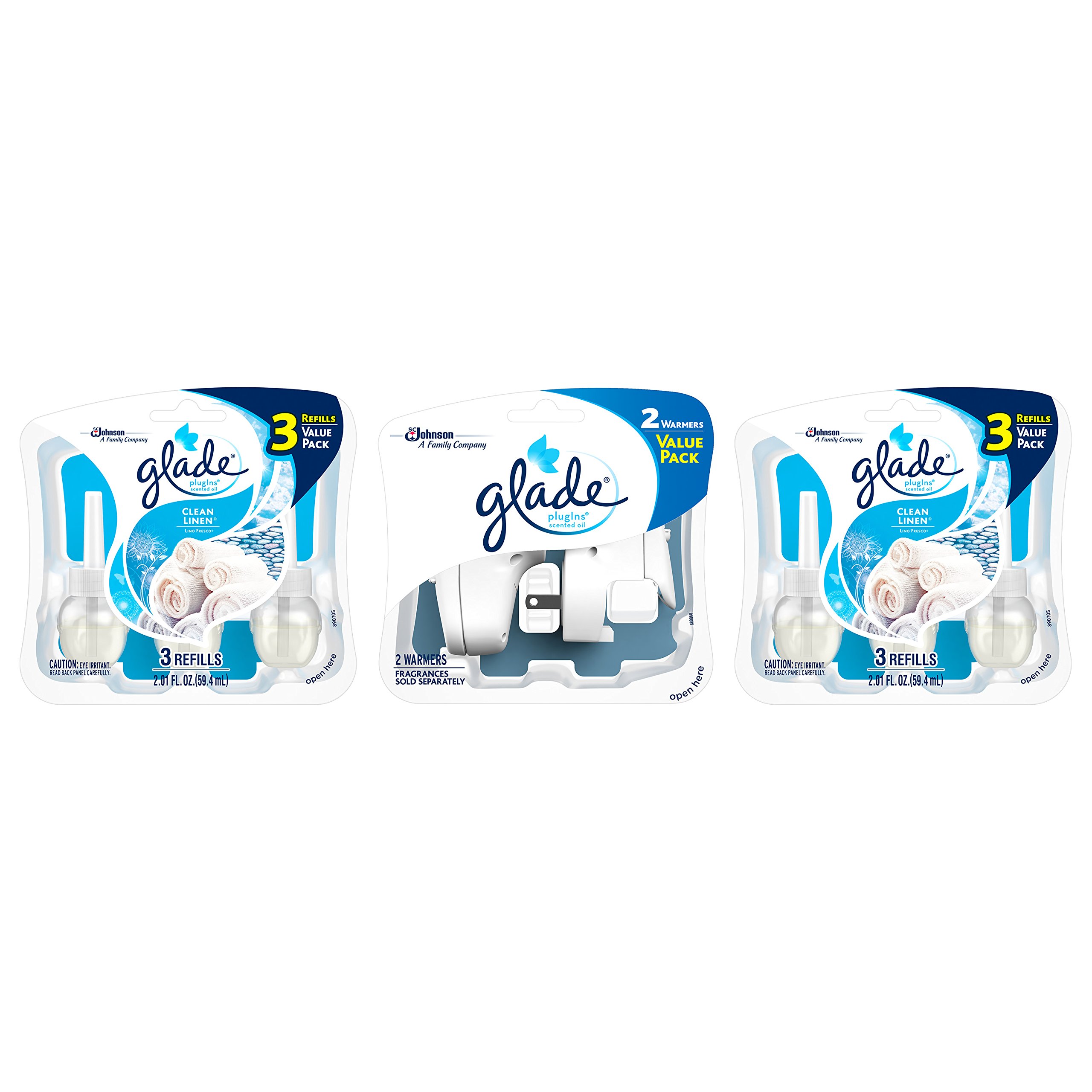 Glade PlugIns Refills Air Freshener Starter Kit, Scented and Essential Oils for Home and Bathroom, Clean Linen, 4.02 Fl Oz, 2 Warmers + 6 Refills