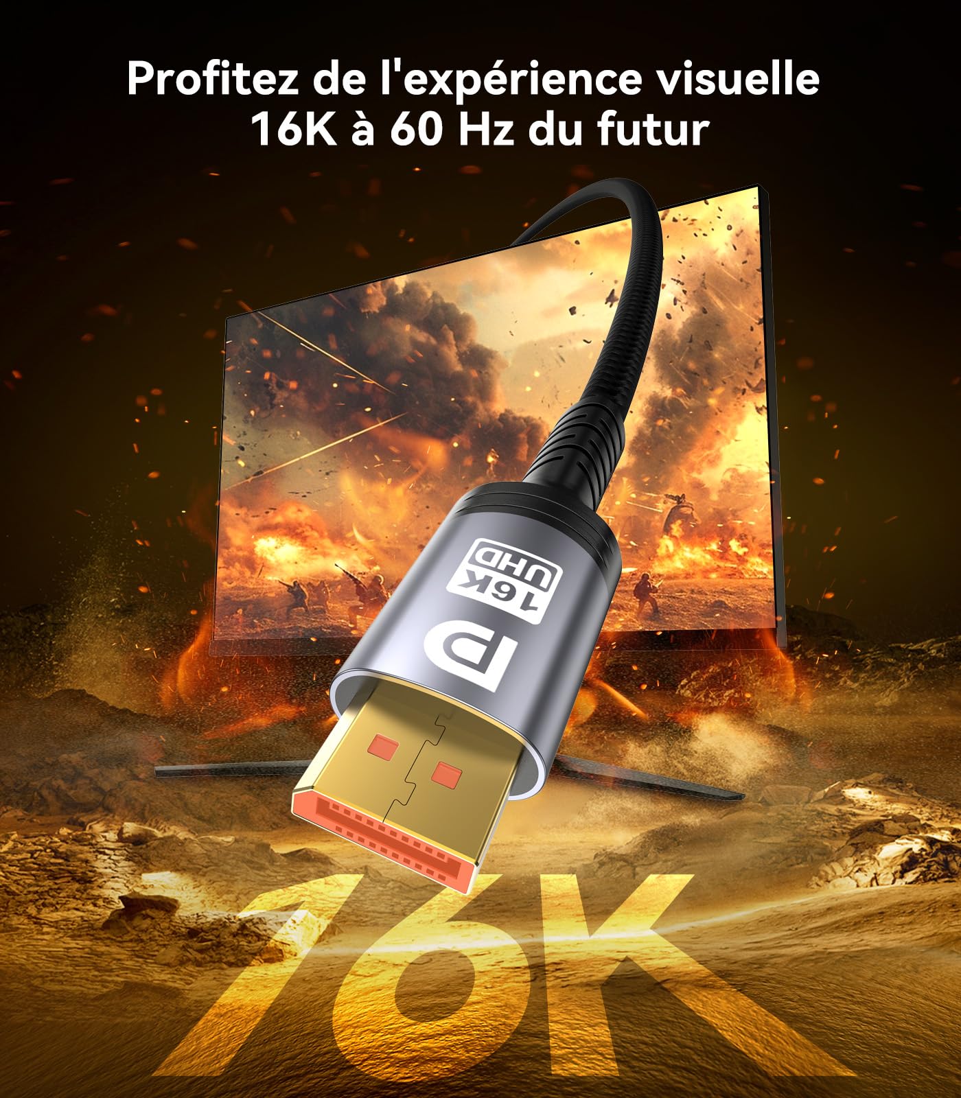 Sniokco 80Gbps Cable DisplayPort 2.1 1.5M, VESA Certifié 16K DP Câble 16K@60Hz 8K@240Hz 4K@540Hz 360Hz 240Hz, Compatible avec HDR HDCP 2.3 DSC FreeSync G-Sync Moniteur Carte Graphique RTX PC HDTV