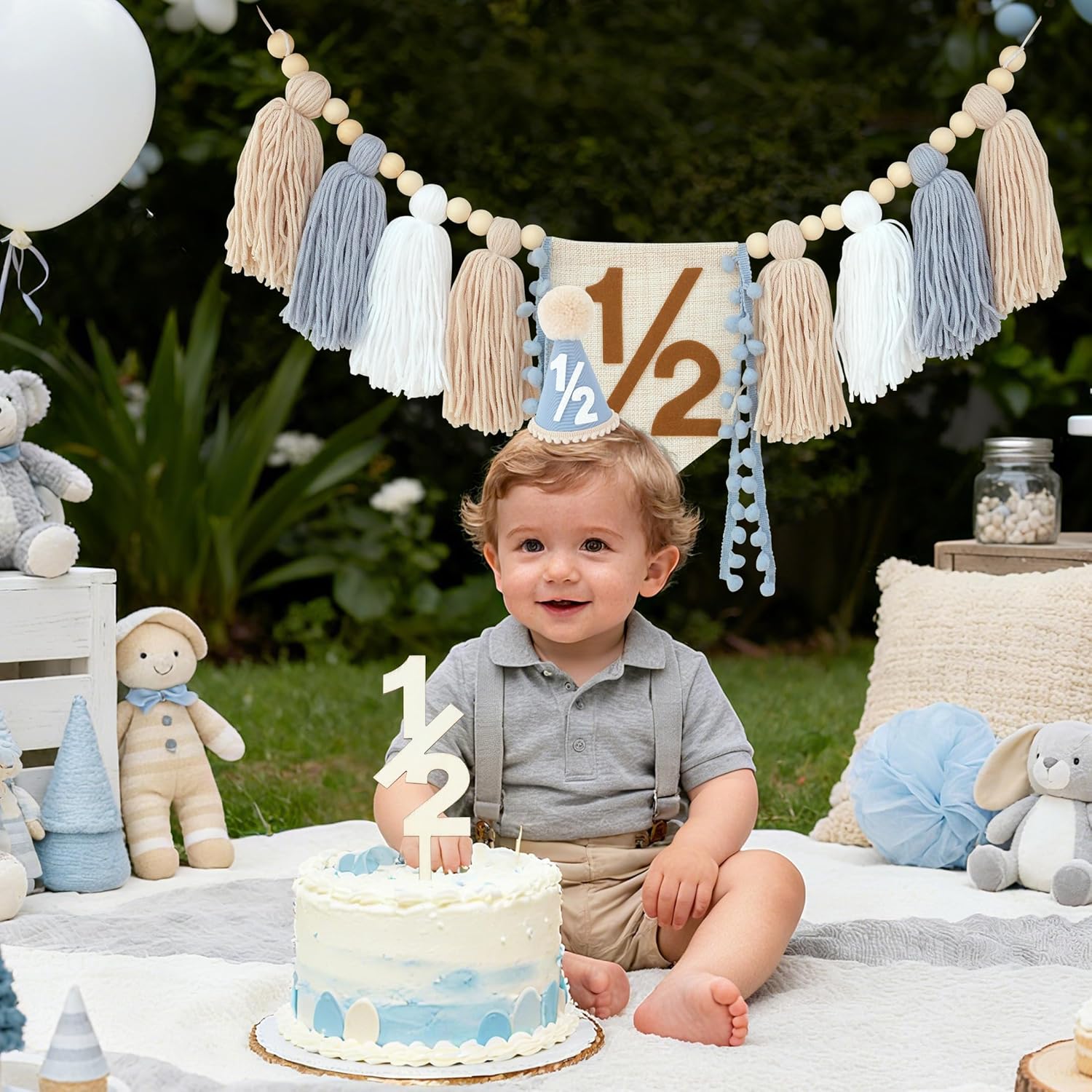 Half Birthday Boy Decorations,Blue 1/2 Birthday High Chair Banner With Cone Hat And Half Cake Topper,Half Way To One Decorations Kit For Baby Boy,Happy 6 Month Party Photoshoot Props
