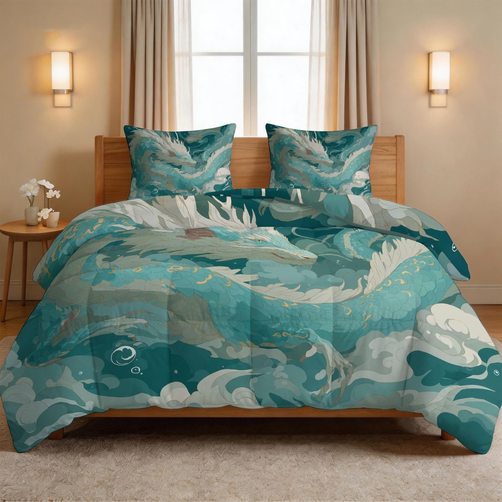 Parure de lit et couette 200 x 200 cm sans housse vert motif dragon animal mythique