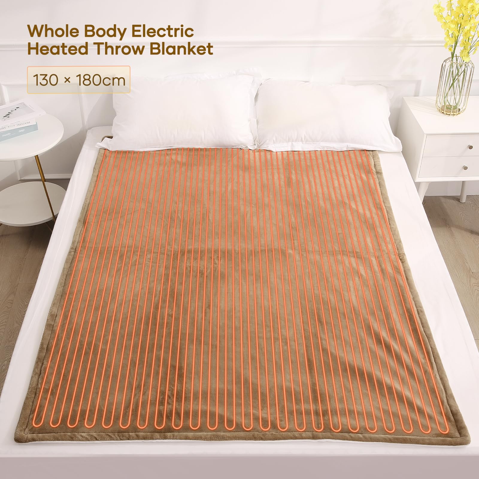 Elektrycznie ogrzewana narzuta z 4 poziomami grzania i 6 godzin automatycznego wyłączania, 130 x 180 cm, miękka flanela, aby utrzymać ciepło ciała, można prać w pralce