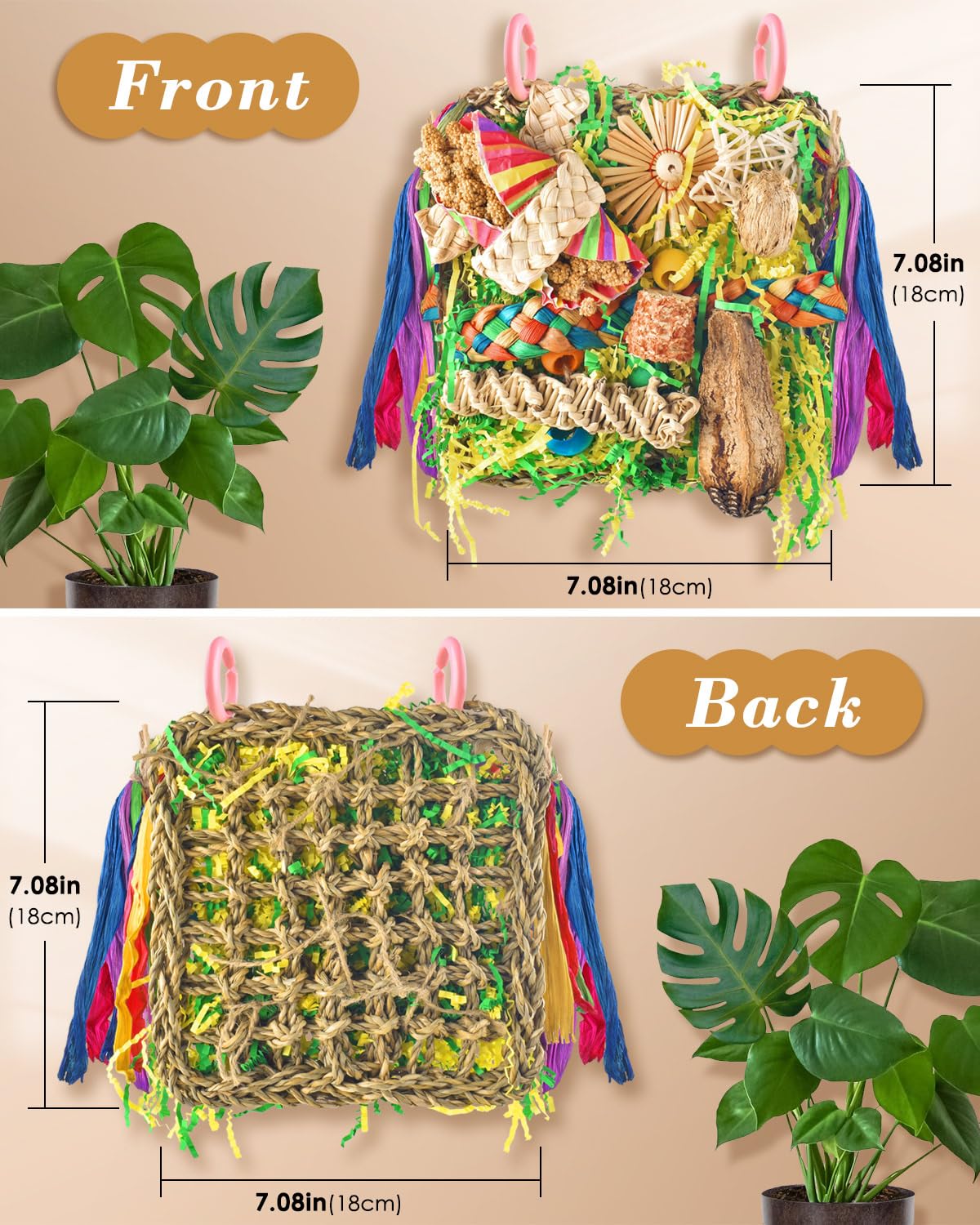 ERKOON Foraging Toys for Parakeets Lovebirds, Conures - Hanging Wall with Colorful Shredding Seagrass (Yellow+Green) - Image 2