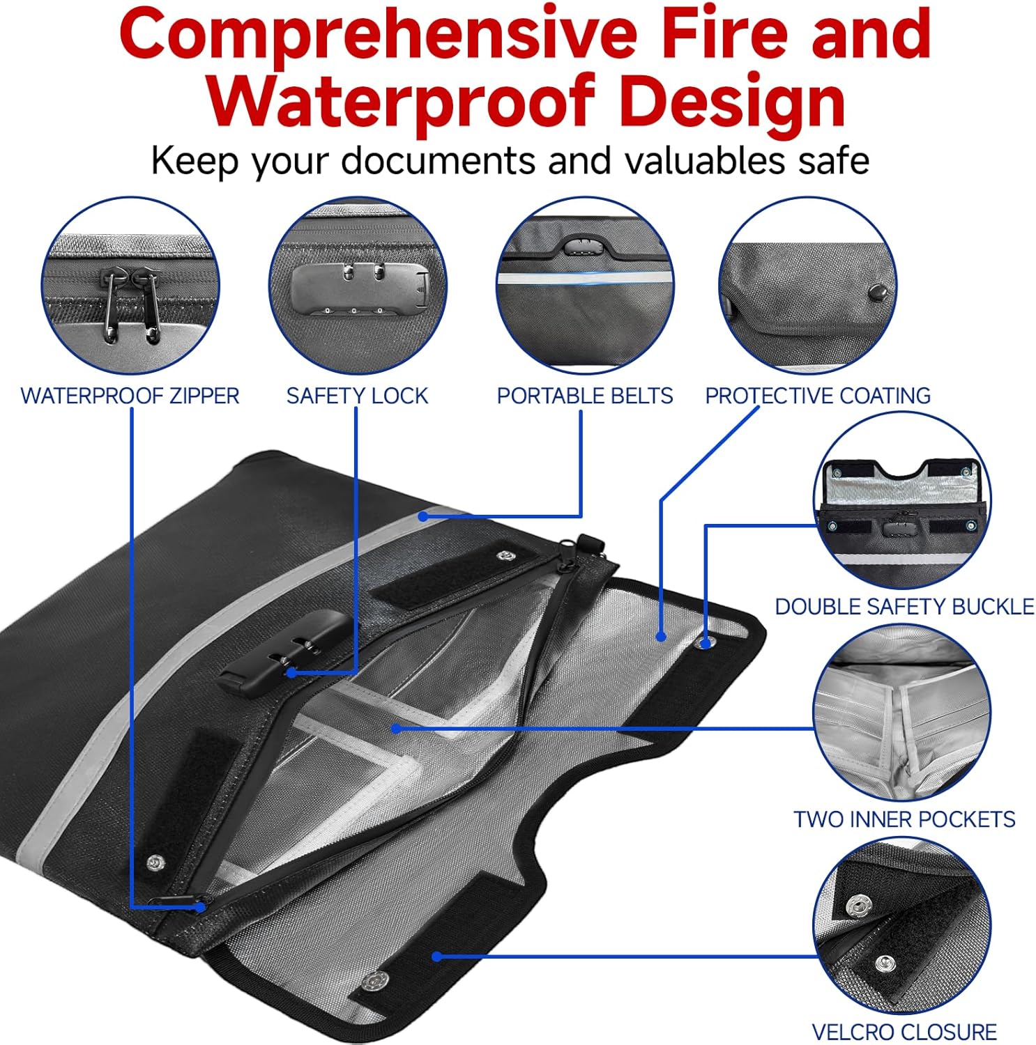 Upgraded 6500°F Fireproof Document Bag with Lock | Waterproof 9-Layer Heat Insulated Material | Dual-Liner Card Slot Money Bag with Zipper/Reflective Strip for Passport,Important Paper,Cash(15 x 12In) - Image 3