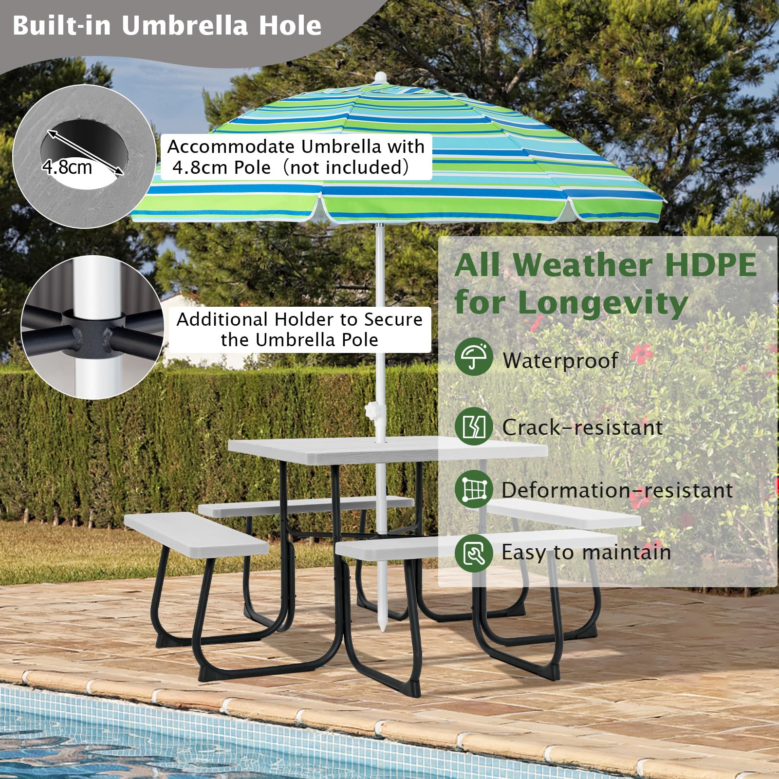 KOMFOTTEU Bierzeltgarnitur für 8 Personen, Quadratisches Picknicktisch Set mit Schirmloch & 4 Bänken, Gartenmöbel Set aus HDPE & Metall, Gartengarnitur Sitzgarnitur für Terrasse (Grau)