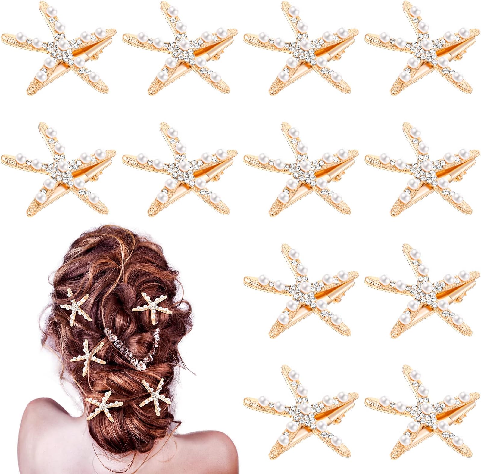 - 12 Pcs Starfish Hair Clip Seashell Hair Clips Mermaid Hair Accessories Crystal Pearls Starfish Hair Barrette Small Beach Sea Hairpin for Wedding Bridal Women