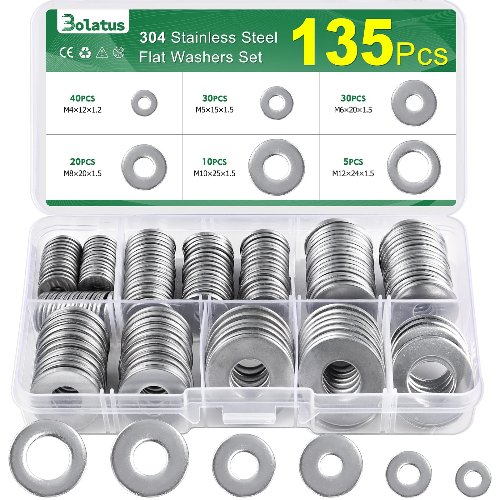 Bolatus Washers Assortment of 6 Sizes, Body Washers M4, M5, M6, M8, M10, M12, Stainless Steel Flat Washers for Screws  Nuts  Threaded Rod, Pack of 135