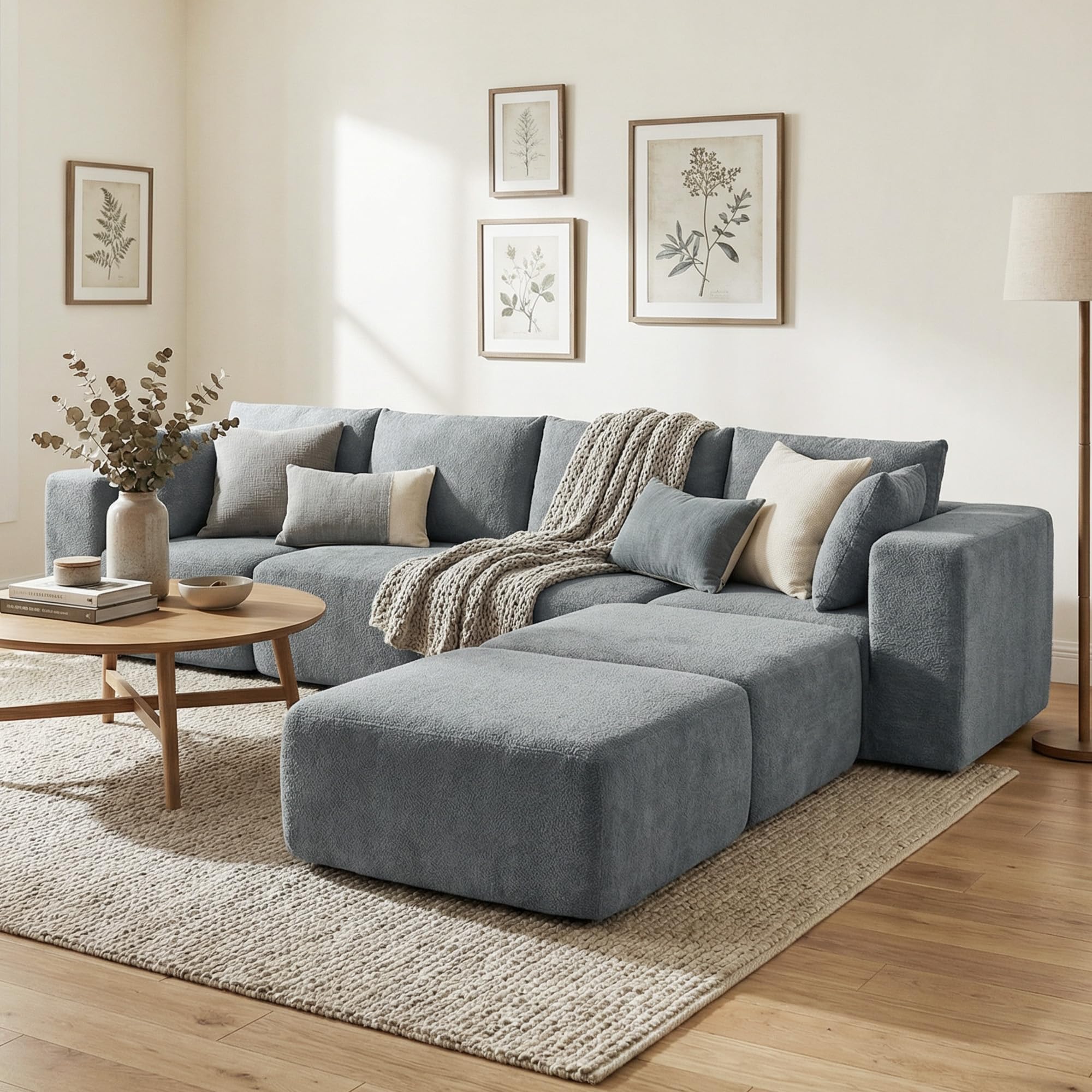 HOMCOM Divano Angolare Modulare 4 Posti Senza Struttura, Seduta Ampia Profonda, Divano Componibile a U con 2 Pouf, Braccioli Larghi e Cuscini, in Velluto per Soggiorno, 294x165x70 cm, Grigio Scuro