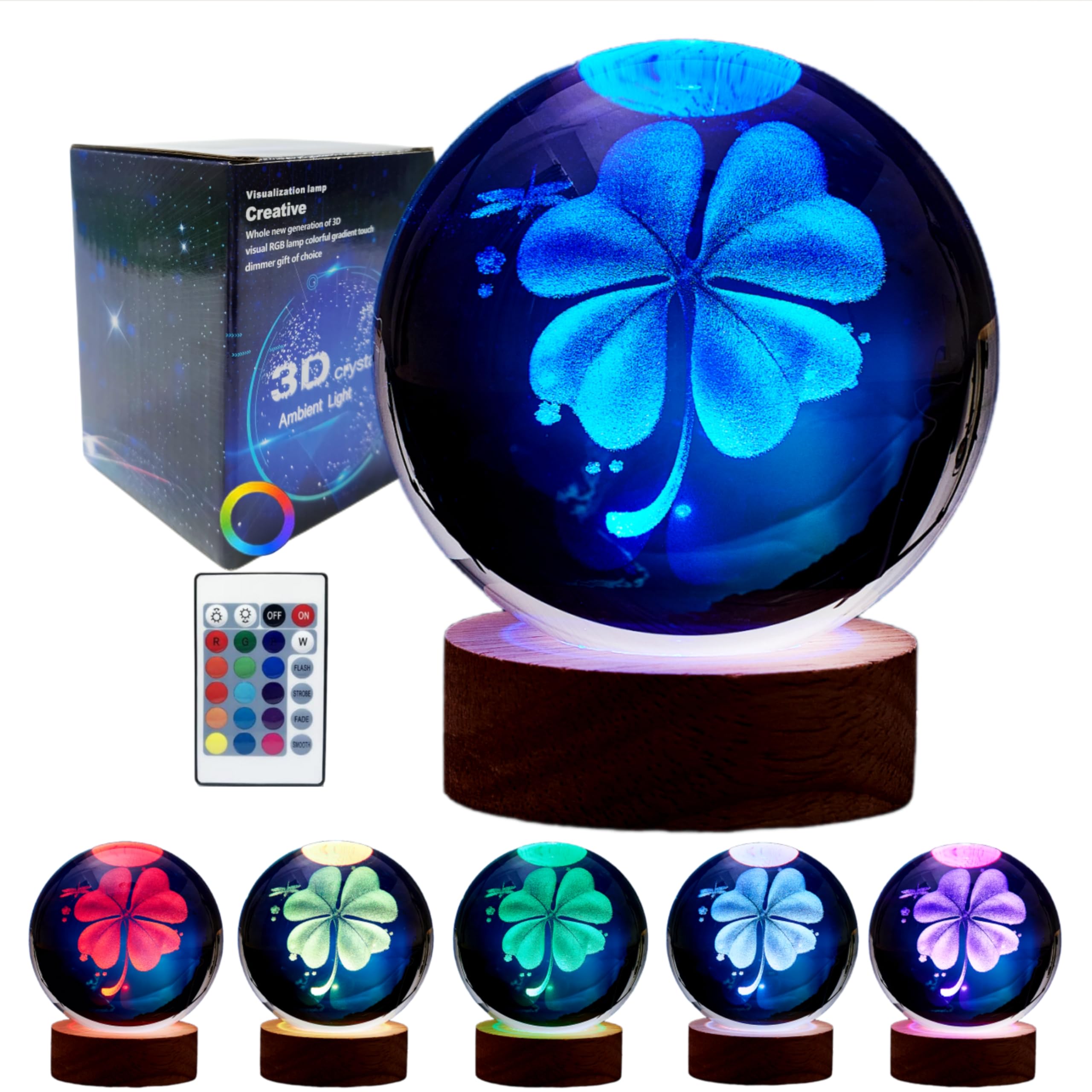 3D Four-Leaf Clover Crystal Ball Lamp,Lifelike 3D LED Clover Night Light,16 Colors Changing Light,Dimmable Remote Control,Clover Lamp Gift (Four-Leaf Clover)