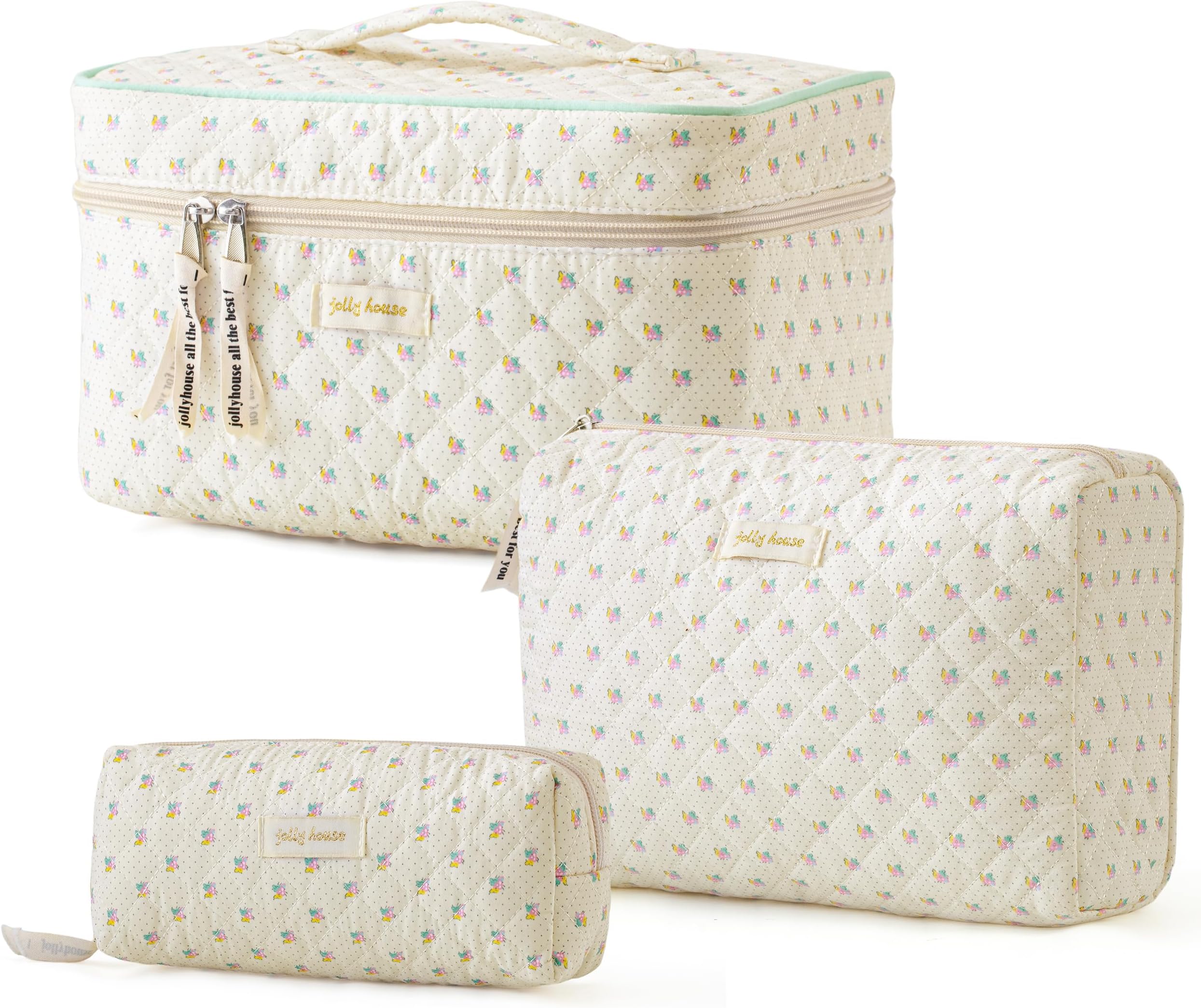 Quilted Makeup Bag, 3PCS Cotton Large Travel Makeup Bag, Cute Floral Coquette Make up Bag Cosmetic Bag Toiletry Bag for Women Girls