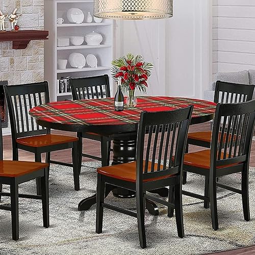 Miniatura 2 de Mantel ajustable ovalado de poliéster elástico a cuadros rojos, diseño de tartán de cultura occidental europea y vintage, se adapta a mesas ovaladas