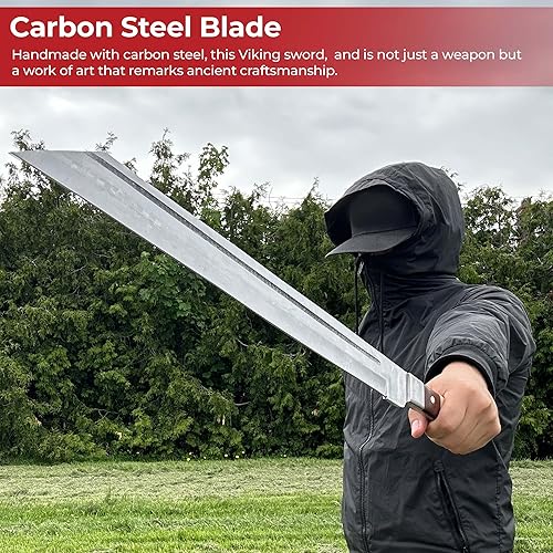 Miniatura 4 de MedievalDepot Full Tang - Espada de seax vikingo con mango de hueso, hoja de acero al carbono hecha a mano, inserciones de madera de nogal y hueso,