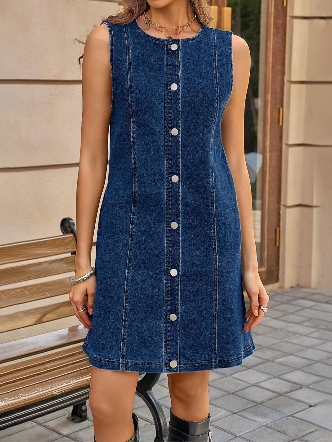 Yousify Womens Sleeveless Denim Overalls Dresses Summer Button Down A Line Jean Mini Romper Dress with Pockets - Image 2