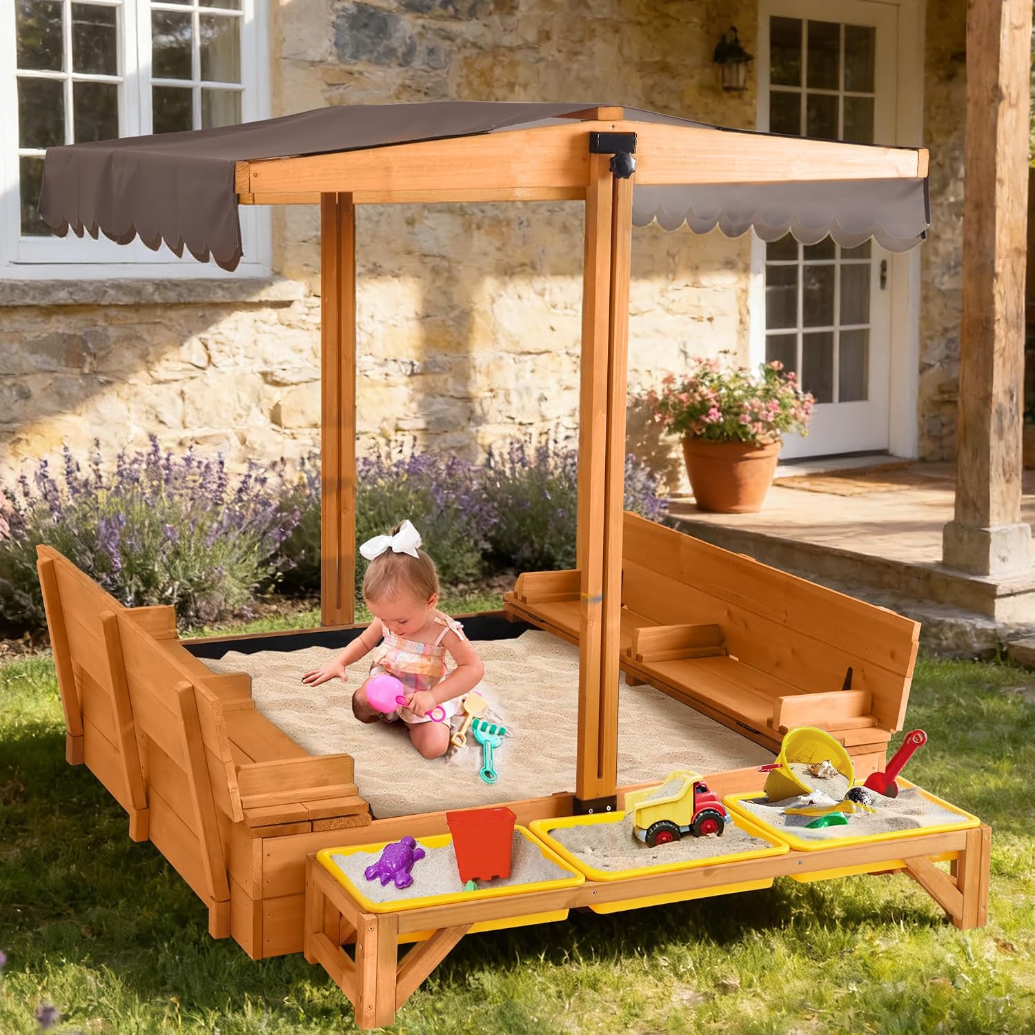 AIVITUVIN Sandbox with Lid, Wooden Kids Sand Box with 3 Detachable Toy Bins, Adjustable Canopy & 4 Built-in Bench Seats, Leak-Proof Non-Woven Liner, Foldable Cover, for Backyard, Patio & Lawn