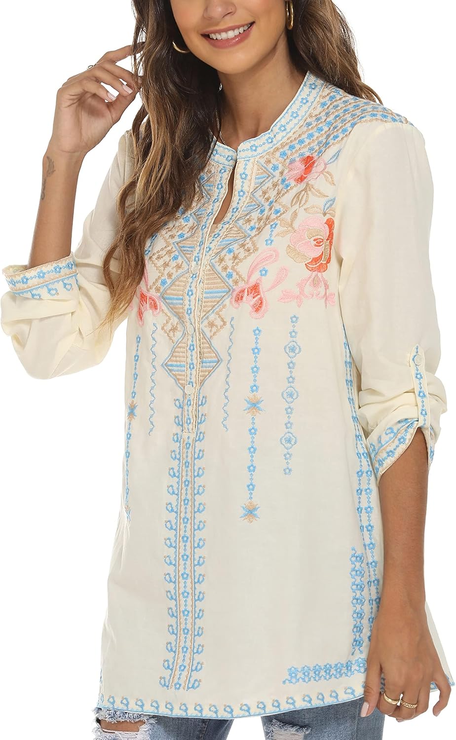 Women's V-Neck Bohemian Floral Embroidered Shirt Mexican Peasant Tops Long Sleeve Casual Loose Tunic Blouse - Image 4
