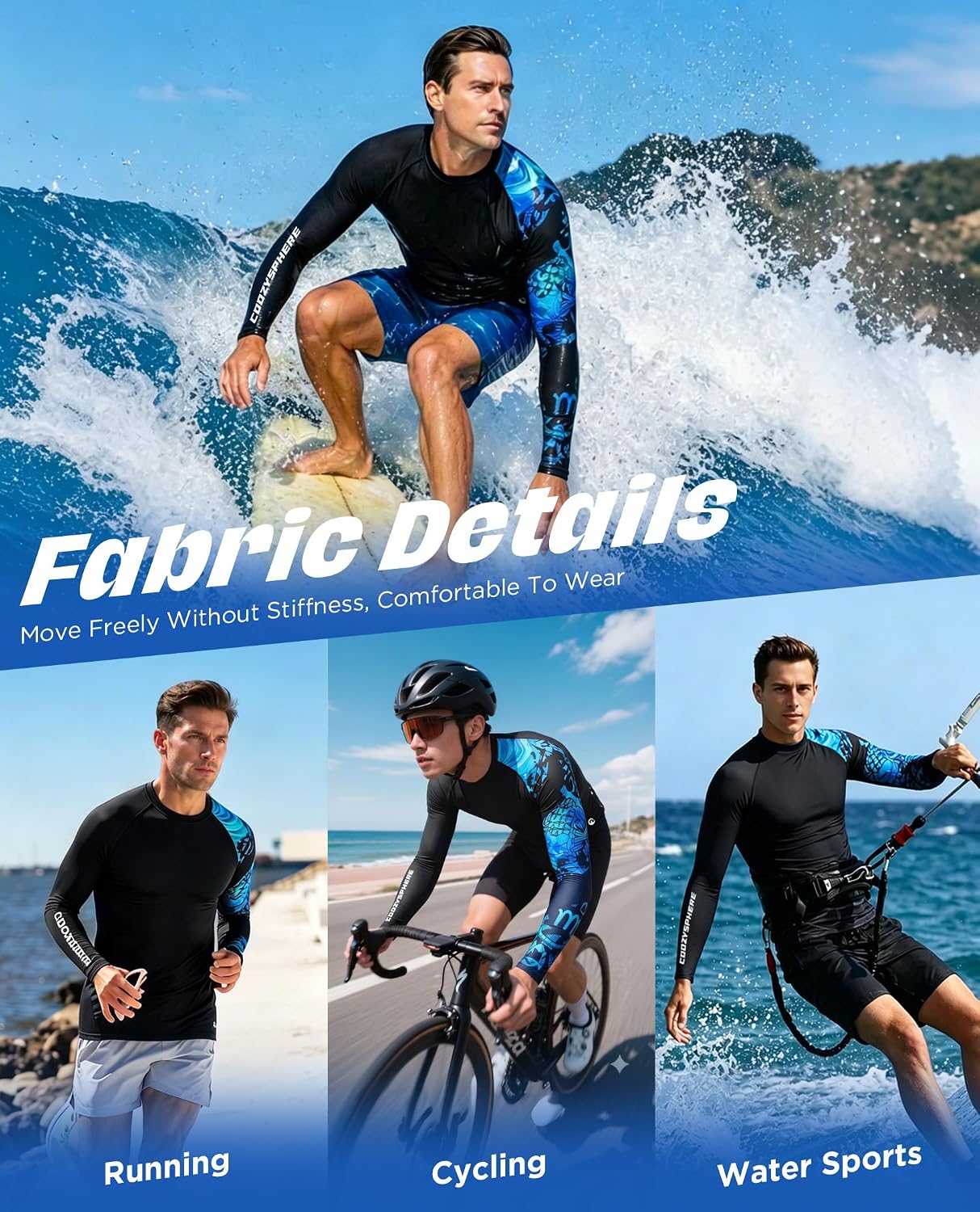 Men's UPF 50+ Compression Shirt Long Sleeve UV Sun Protection Rash Guard Quick Dry Athletic T-Shirt Black White XXL