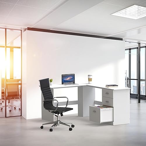 Miniatura 6 de SHW Escritorio esquinero de madera en forma de L de 51 x 59 pulgadas para oficina en casa con cajones de archivos, color blanco
