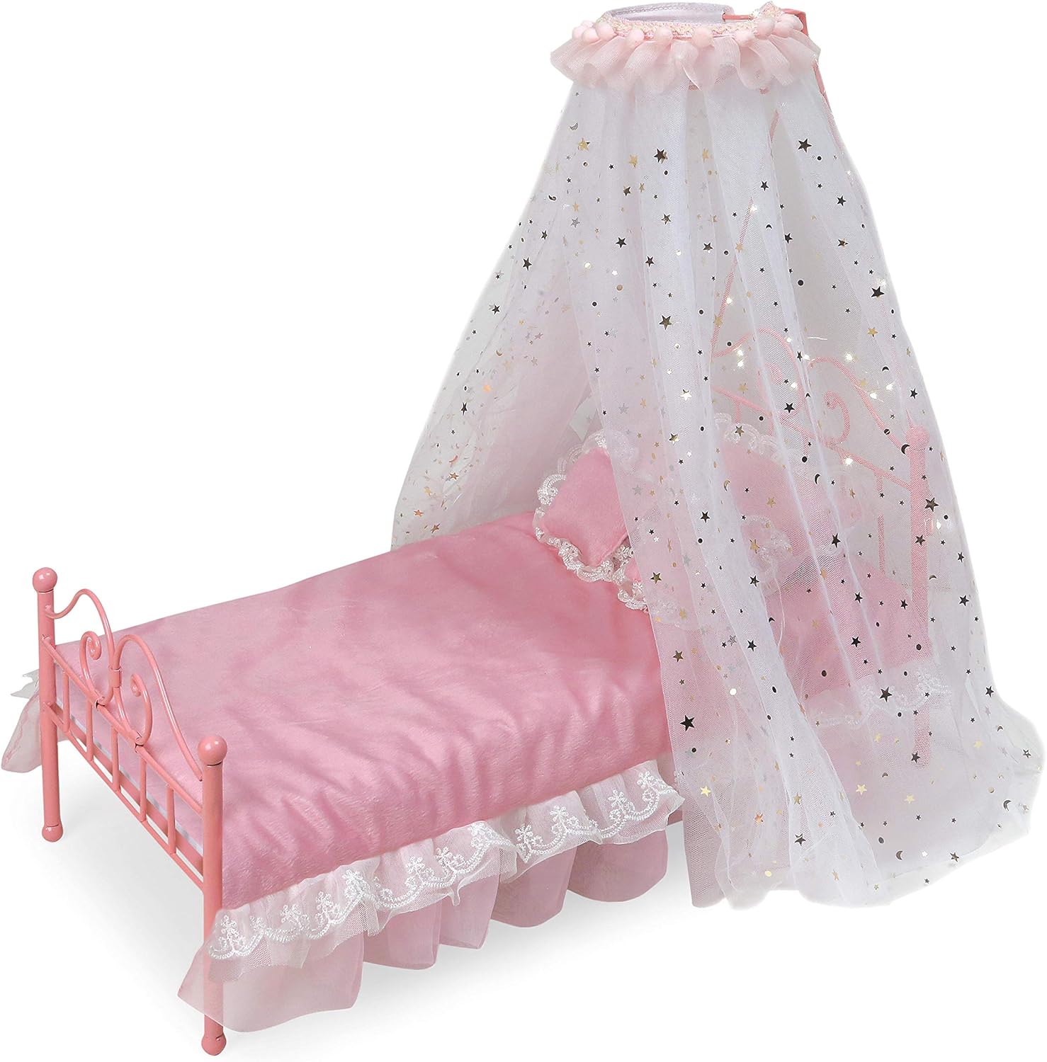 Badger Basket Starlights Metal Doll Bed - LED Canopy Bed Set Fits 18 Inch Dolls - Includes Mesh Drapes Decorative Pillows Reversible Blanket - Pretend Play Doll Furniture - Pink