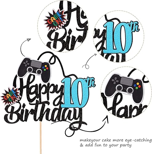 Miniatura 3 de 1 pieza de decoración de pastel de 10 cumpleaños con purpurina para videojuegos, juego de selección de pasteles en controladores, decoración de