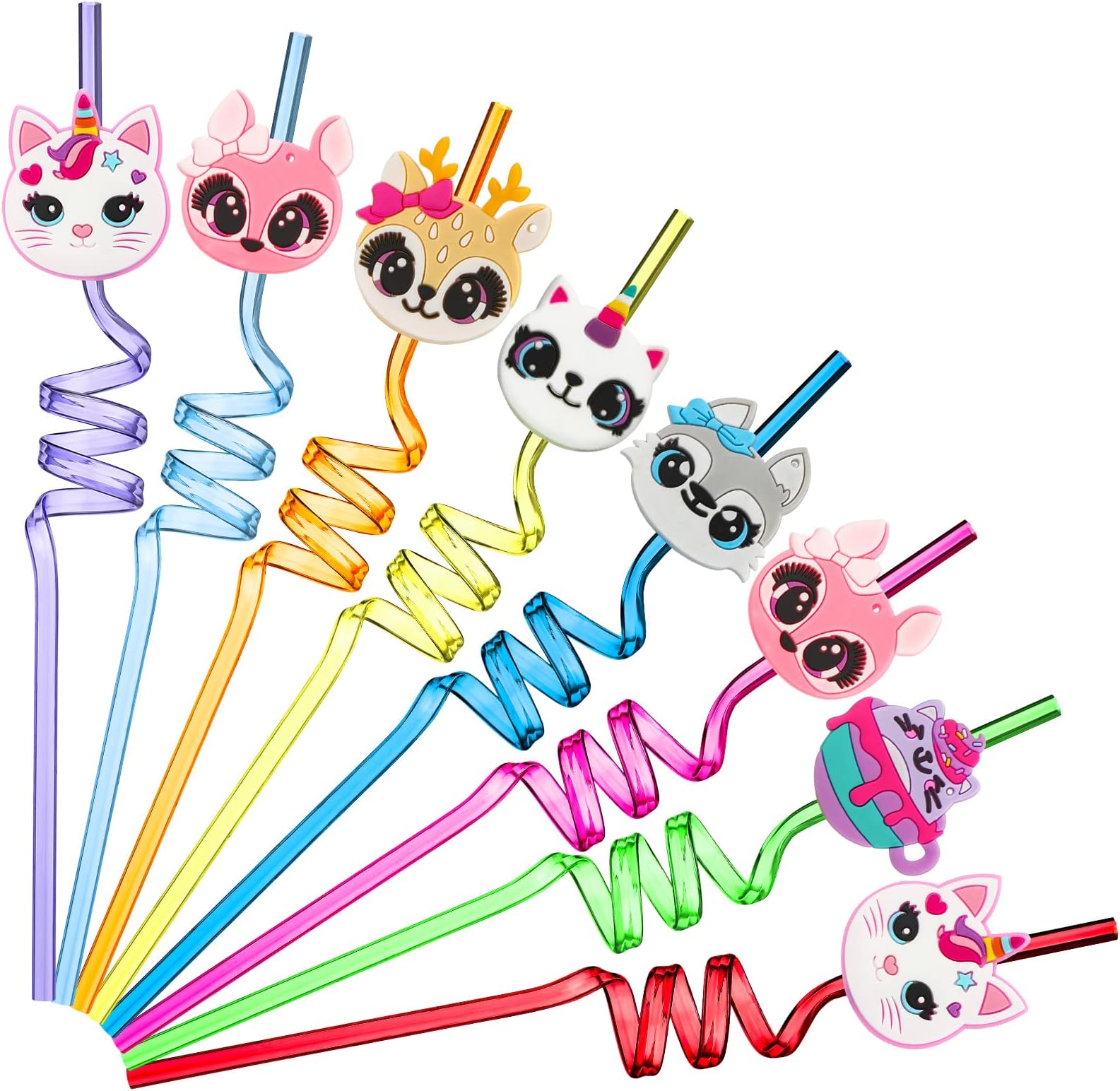 Skyley 24 Pieces Reusable Cat Straws Drinking Plastic Straws for Cat Birthday Party Kitten Theme Animal Party Baby Shower Favors, 6 Styles, 8 Colors One Size