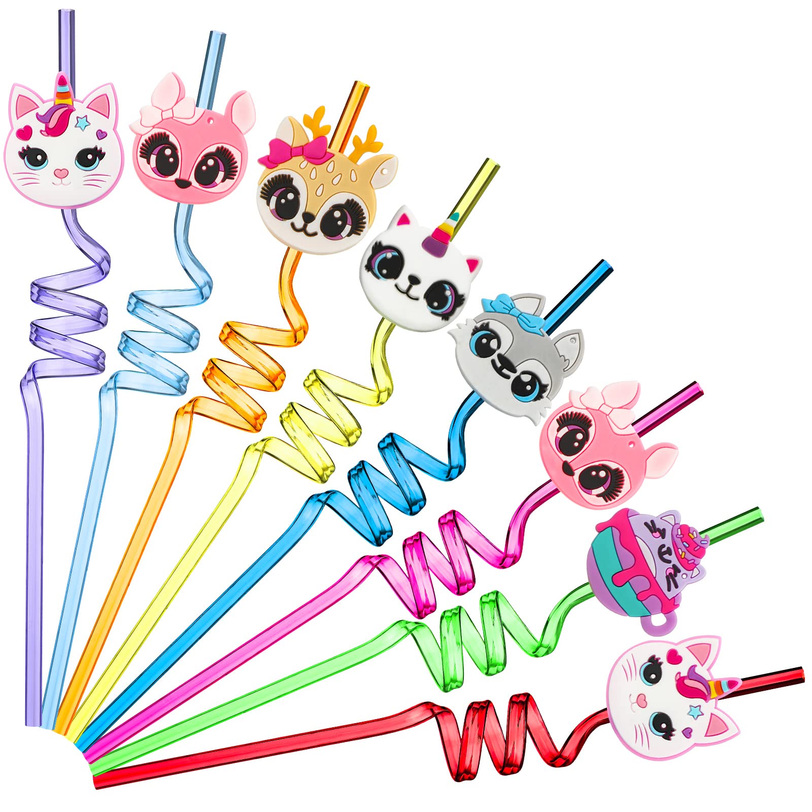 Skyley 24 Pieces Reusable Cat Straws Drinking Plastic Straws for Cat Birthday Party Kitten Theme Animal Party Baby Shower Favors, 6 Styles, 8 Colors One Size