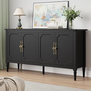 RoyalCraft 59" Vintage Sideboard Buffet Cabinet with Adjustable Shelves, Carved Handles, Mid-Century Modern Credenza, Satin Black Storage for Kitchen Dining