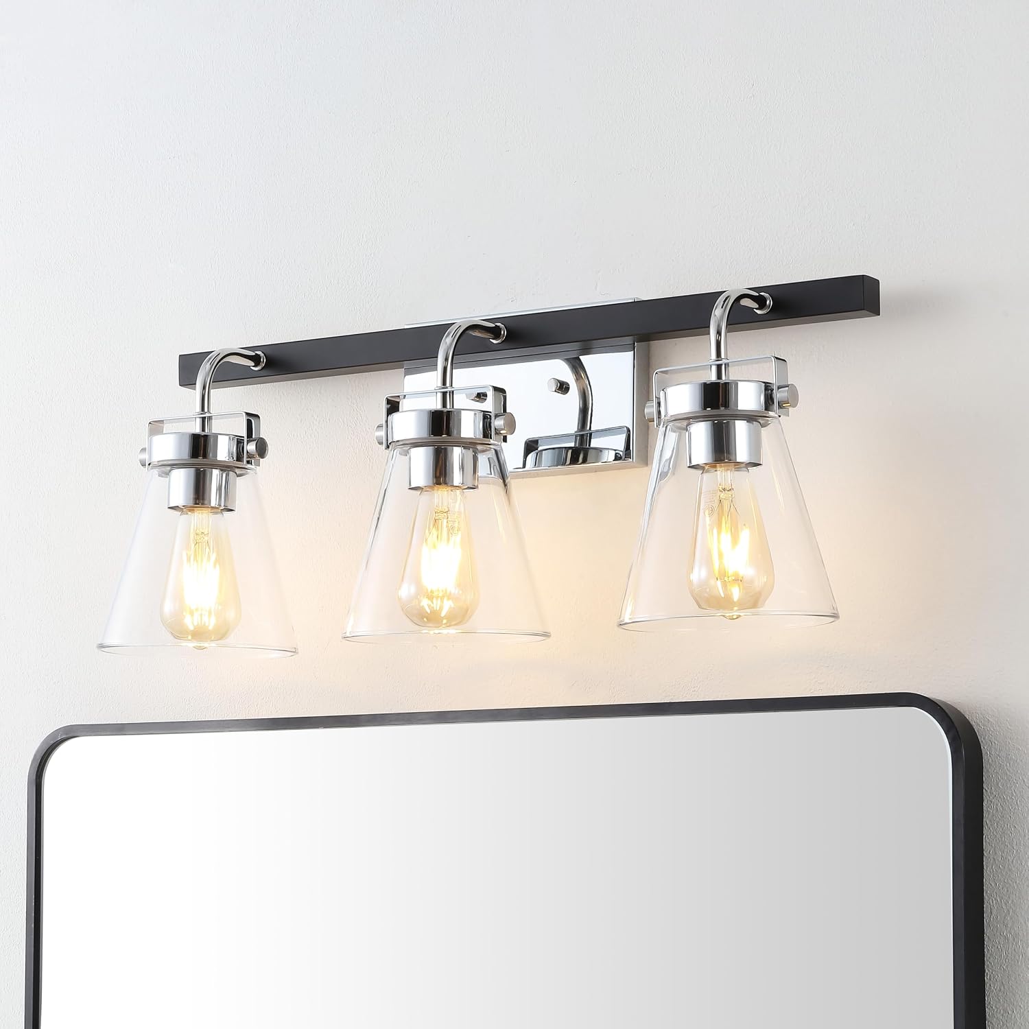 SAFAVIEH Lighting Collection Rayney Chrome/Black 3-Light Wall Sconce Light Fixture, Glass Shade Ideal for Bathroom, Vanity Over Mirror, Entryway, Foyer, Hallway, Living Room (LED Bulbs Included)
