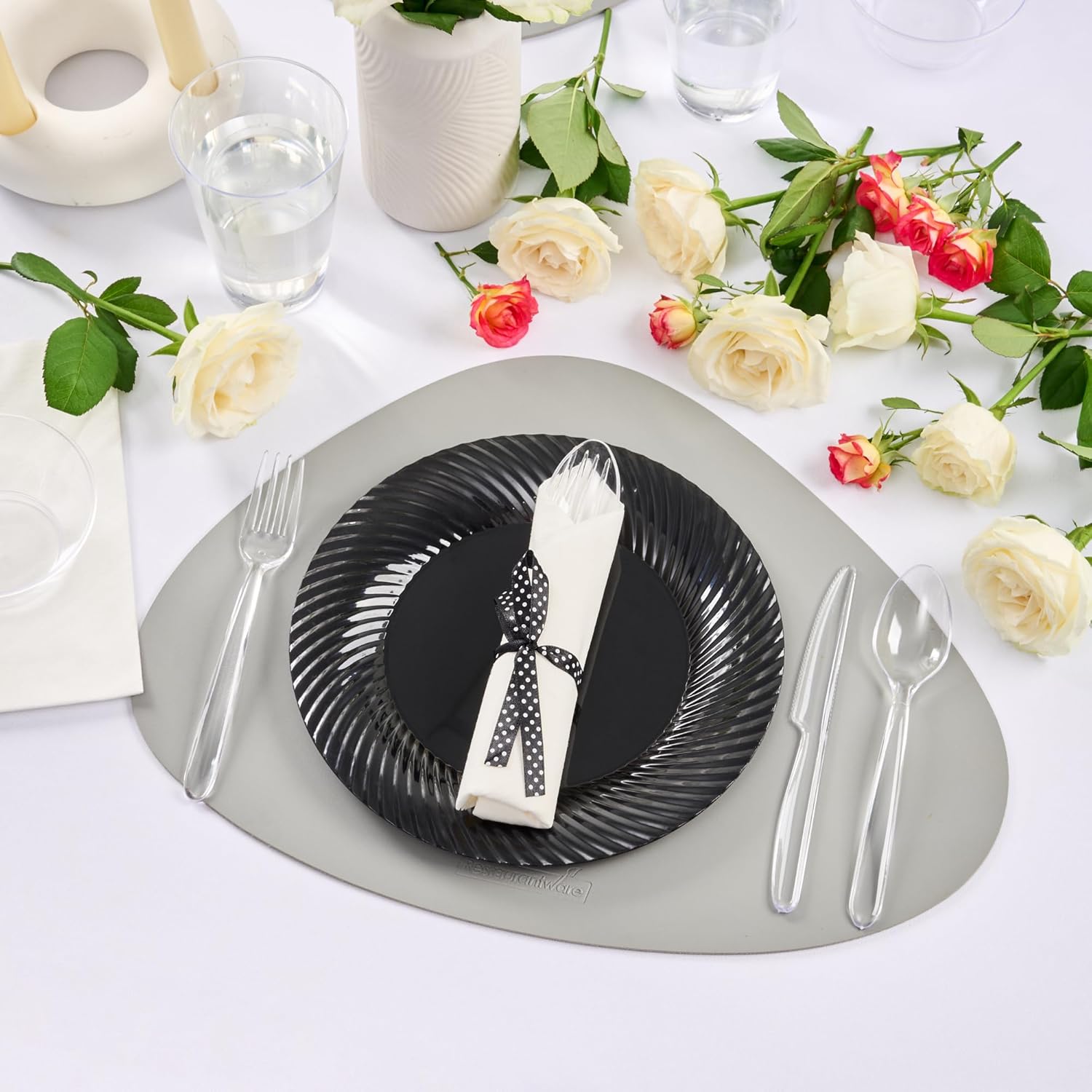 Restaurantware-7.3 x 2 Inch Plastics Cutlery Sets, 100 Plastic Flatware Sets - Polka Dot Ribbon, Individually Wrapped, With White Napkin, Clear Plastic Disposable Cutlery Sets, For Weddings And Events